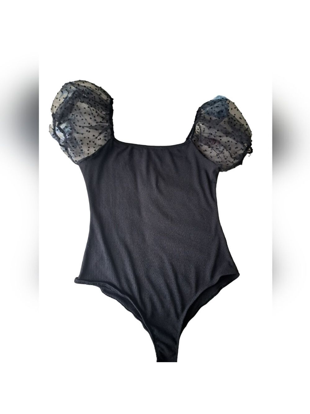 ALTAR'D STATE black ribbed bodysuit sheer pouffy short sleeves polka dots M